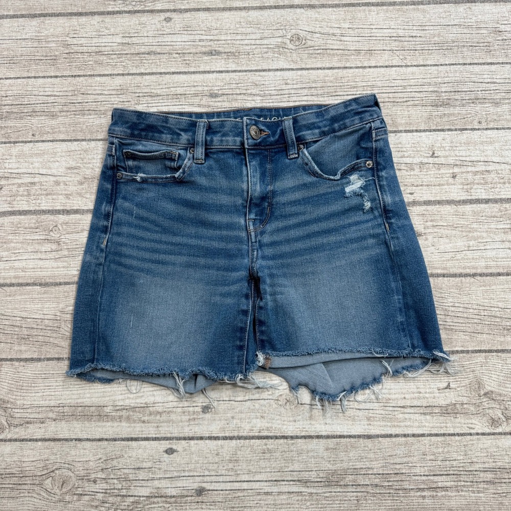 American Eagle Shorts Women's 8 Blue Dark Wash The Dream Denim Distressed Cutoff